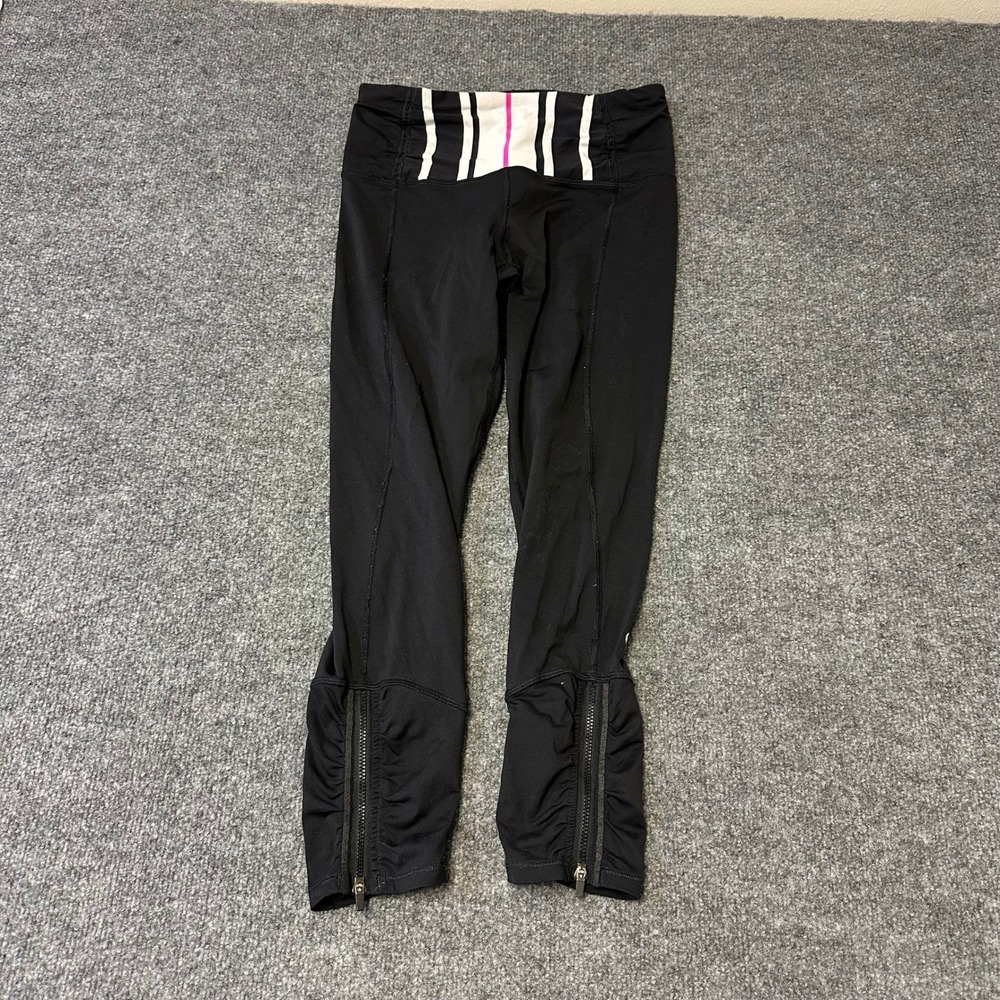 Lululemon Leggings Womens Size 6 Black Striped Waistband Zipper Ankle Crop Yoga